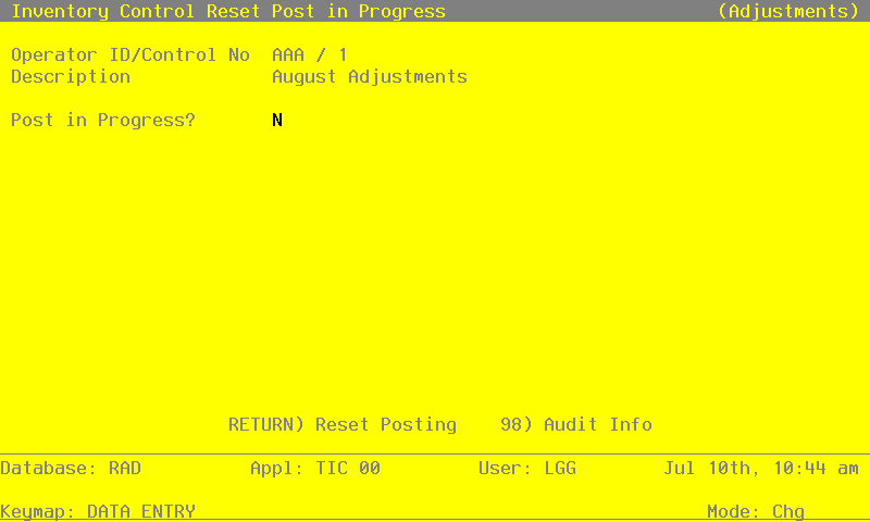 The Recovery Processing Reset Post in Progress Screen - Adjustments