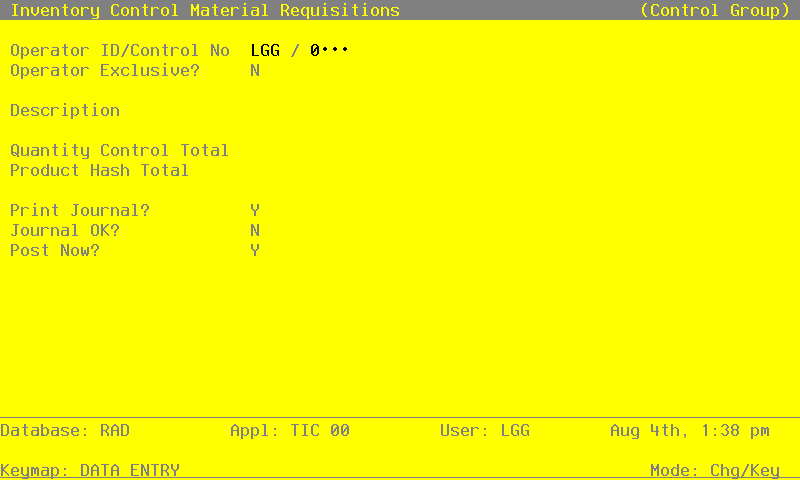 The Material Requisitions Control Groups Screen