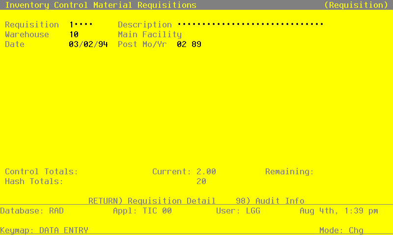 The Material Requisitions Screen