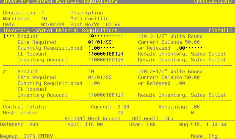 The Material Requisition Line Items Screen