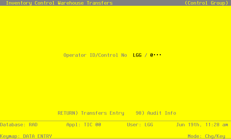The Warehouse Transfers Operator ID Screen