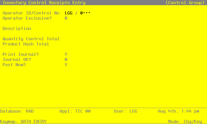 The Receipts Control Groups Screen