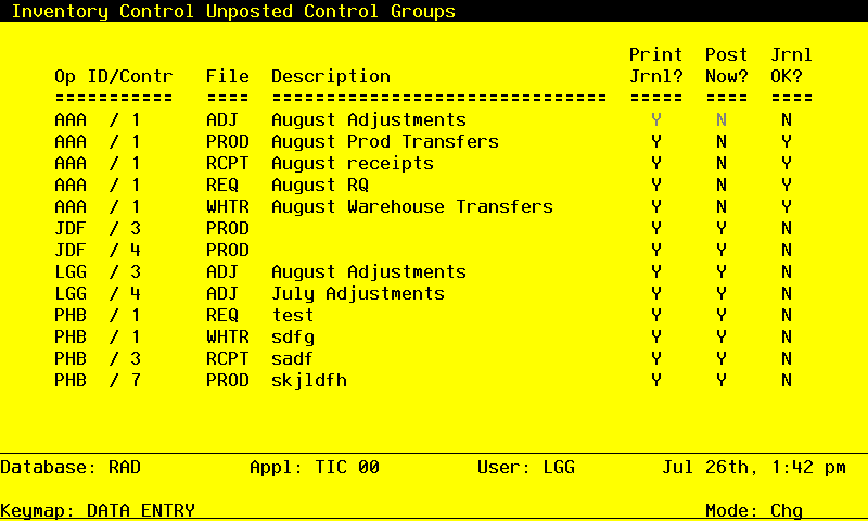 The Unposted Control Groups Screen