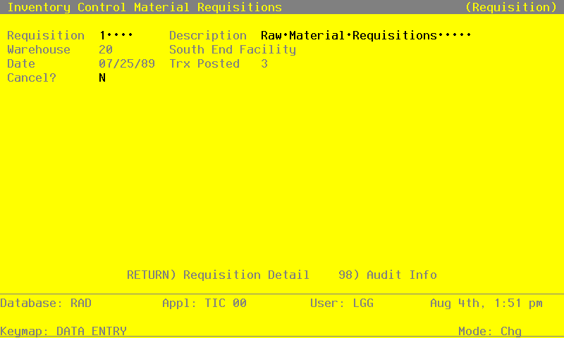 The Material Requisitions Screen