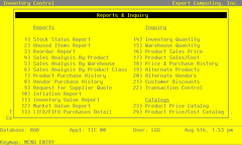 The Reports and Inquiry Screen