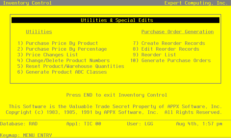 The Utilities and Special Edits Screen