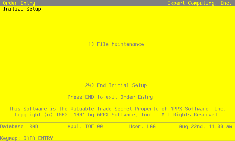 The Order Entry Initial Setup Screen