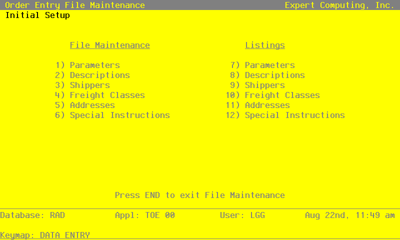 The Order Entry File Maintenance Screen