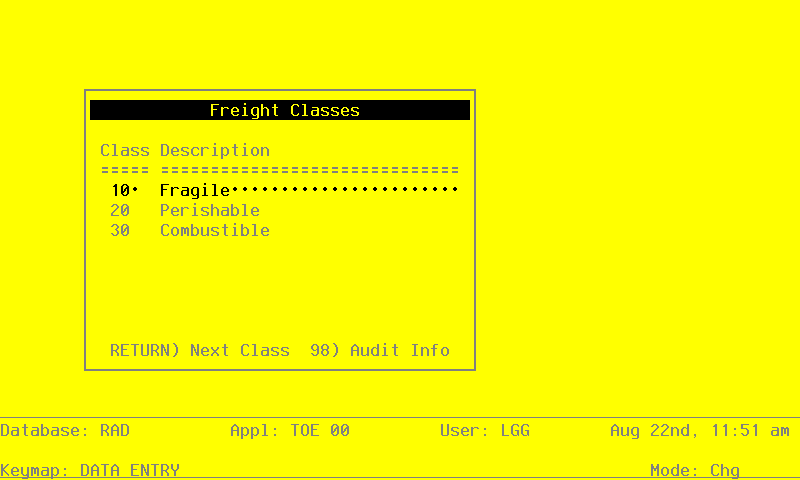 The Order Entry Freight Classes Screen