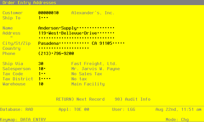 The Order Entry Addresses Screen
