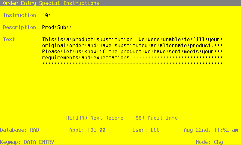 The Order Entry Special Instructions Screen
