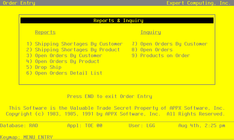 The Reports and Inquiry Menu Screen