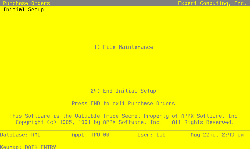 The Purchase Orders Initial Setup Screen
