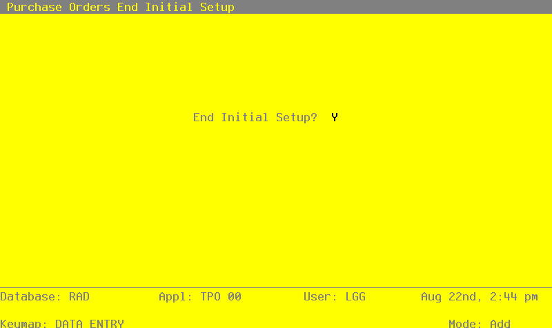 The Purchase Orders End Initial Setup Screen