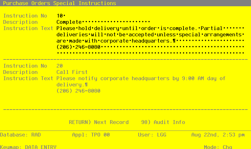 The Purchase Orders Special Instructions Screen