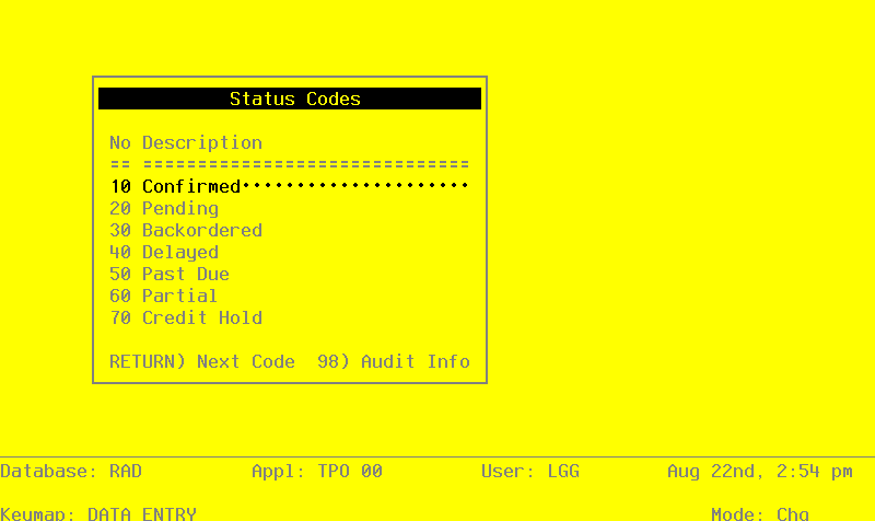 The Purchase Orders Status Codes Screen