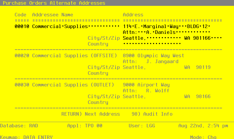 The Purchase Orders Alternate Addresses Screen