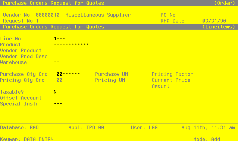 The Request for Quote Line Items Screen