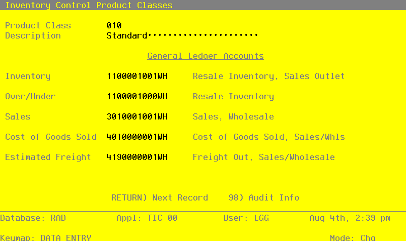 The Product Classes Screen