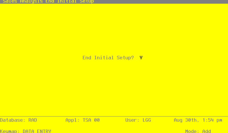 The Sales Analysis End Initial Setup Screen
