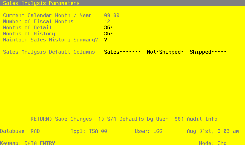 The Initial Setup Parameters Screen