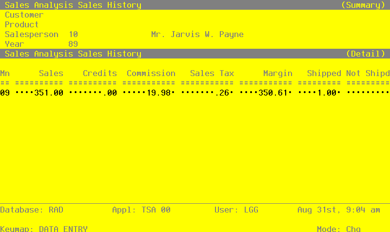 The Recovery Processing Sales History by Month Screen