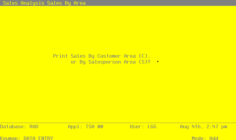 The Sales By Area Screen